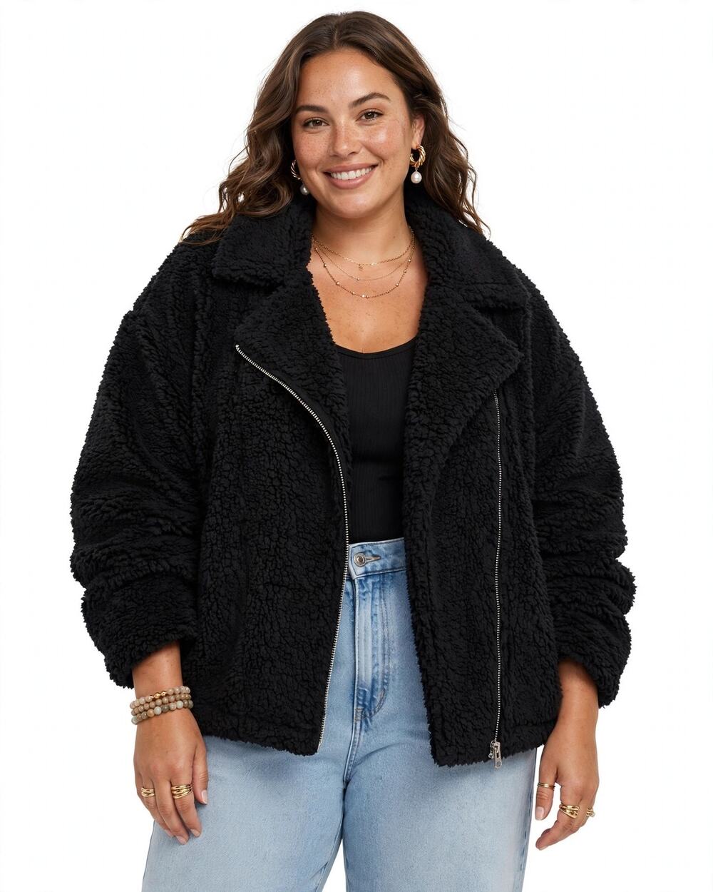 Barefoot Dreams CozyChic Shearling Moto Jacket Fleece Teddy Fluffy Black Size XL